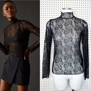by Anthropologie | Lace Layering Turtleneck in Black Sz. S